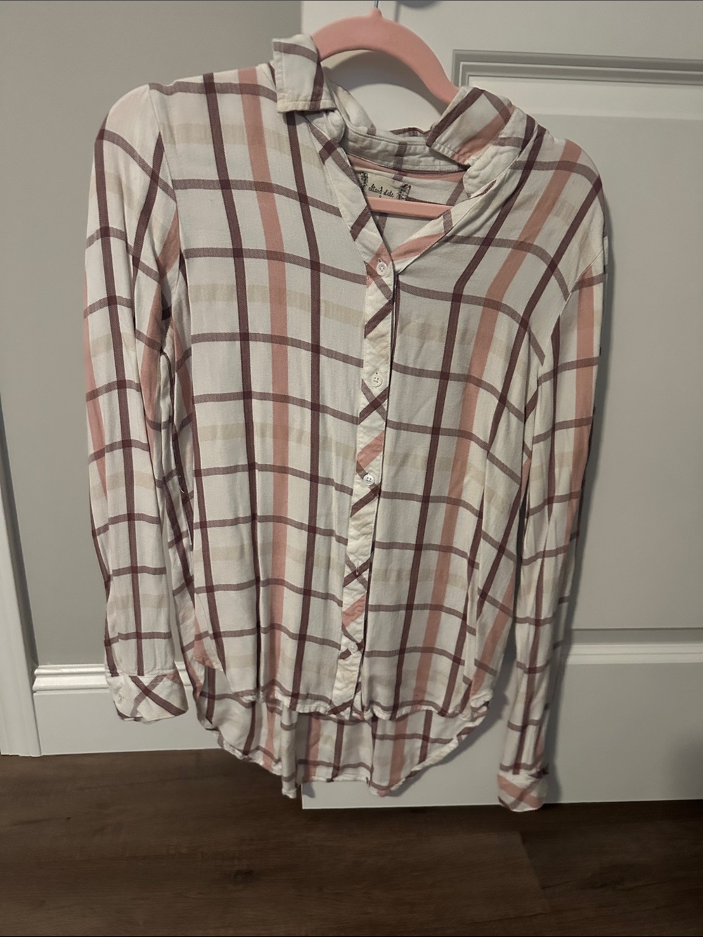 Altar'd State White Plaid Button-Down with Pink and Brown Stripes